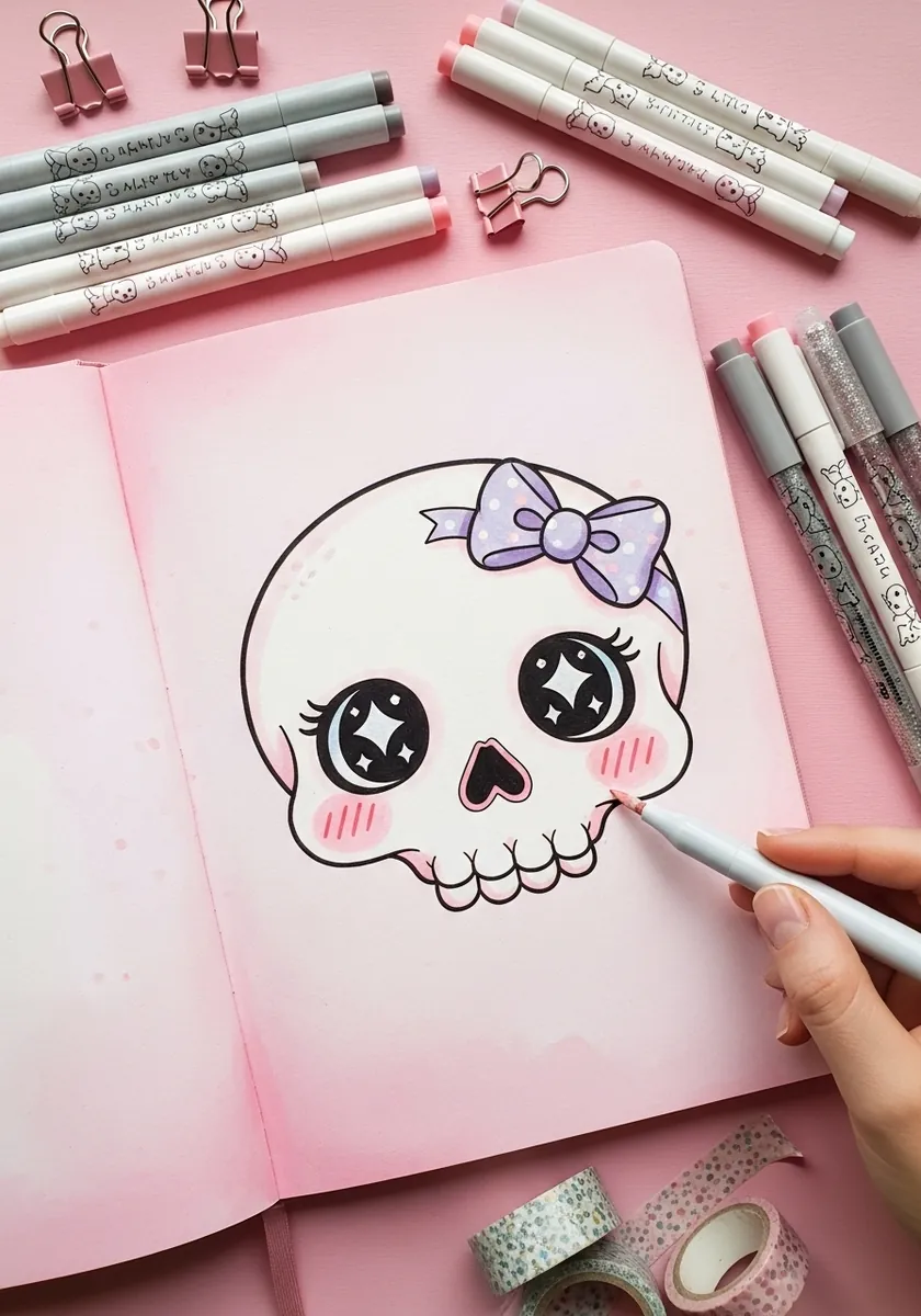 Cute kawaii skull with large sparkling eyes a lilac bow and pink cheeks