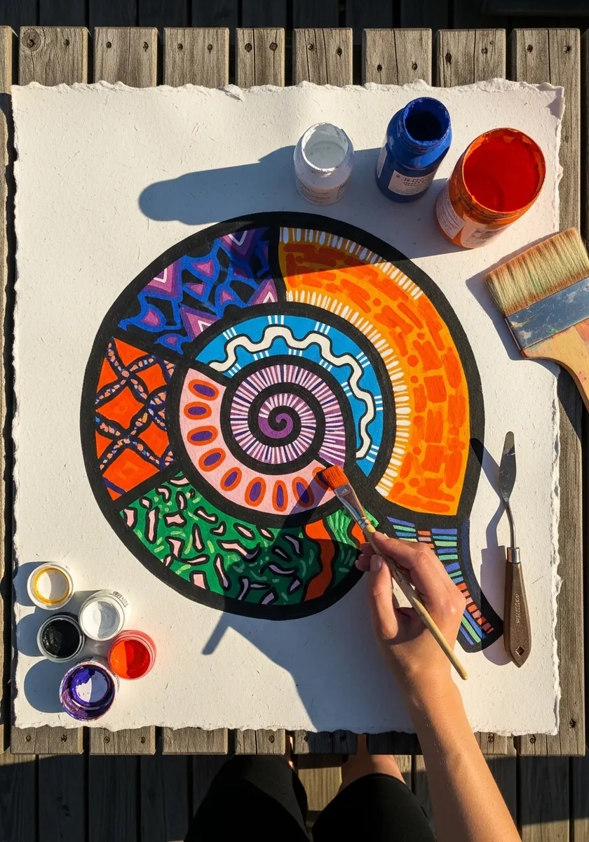 Colorful folk art snail shell divided into patterned segments in bright colors