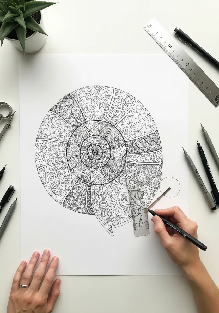 Intricate line only snail shell filled with fine zentangle patterns and no color