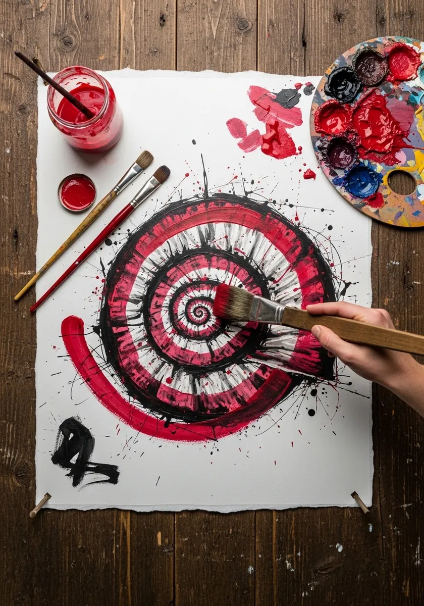 Abstract red and black painted spiral with splattered paint on rough paper
