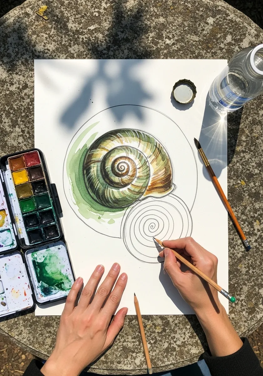 Watercolor green snail shell with the underlying construction circles left visible