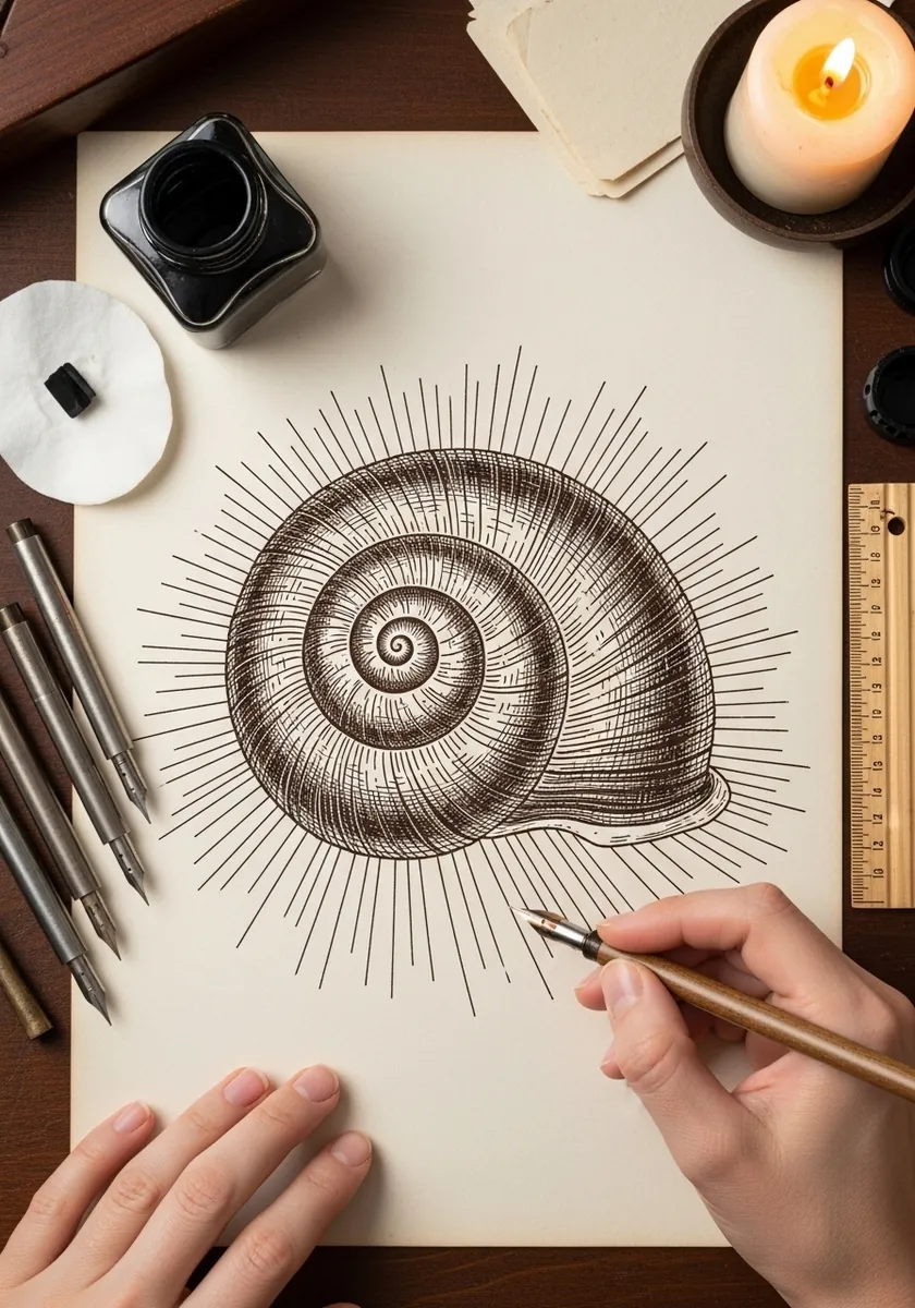 Sepia ink snail shell surrounded by fine radiating lines like a burst of rays