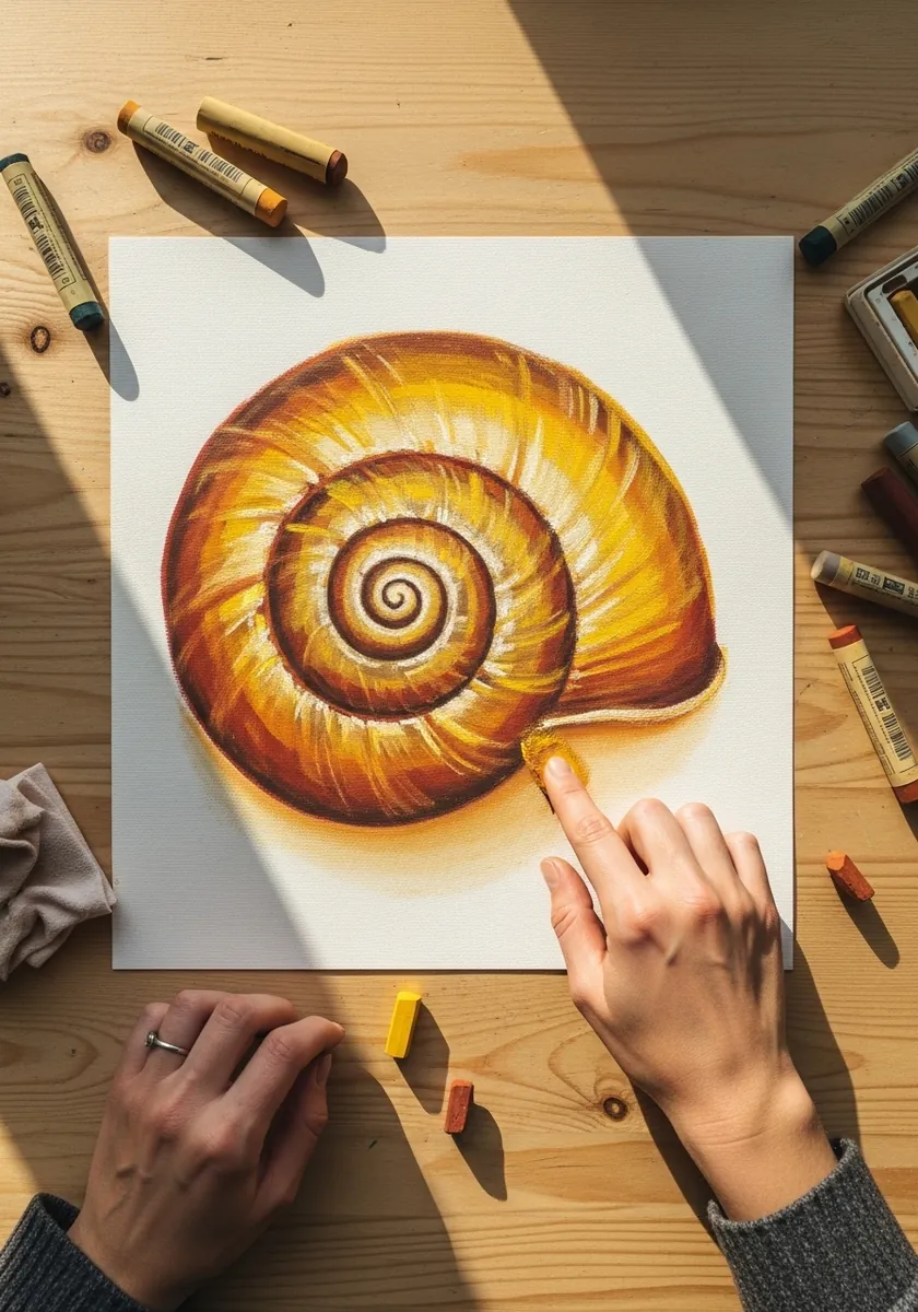 Warm golden snail shell drawn in rich oil pastel with visible stick texture