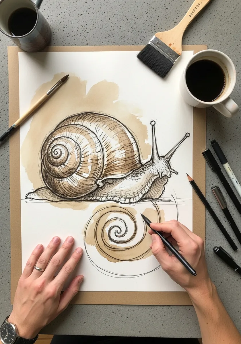 Ink drawing of a whole snail beside a separate close study of the shell spiral
