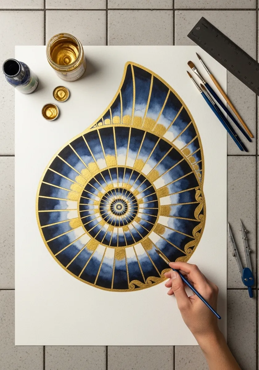 Snail shell divided into blue and gold geometric segments in a deco style
