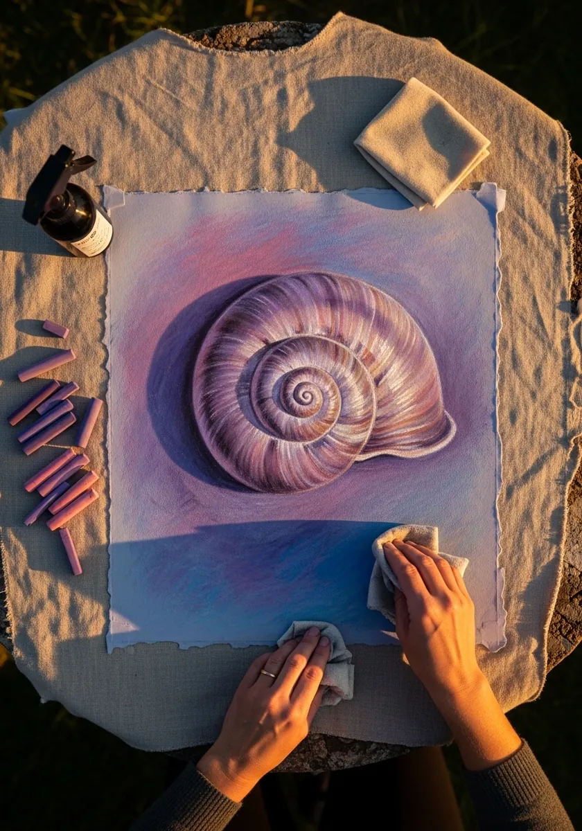 Pale purple and pink soft pastel snail shell on warm toned board with soft edges