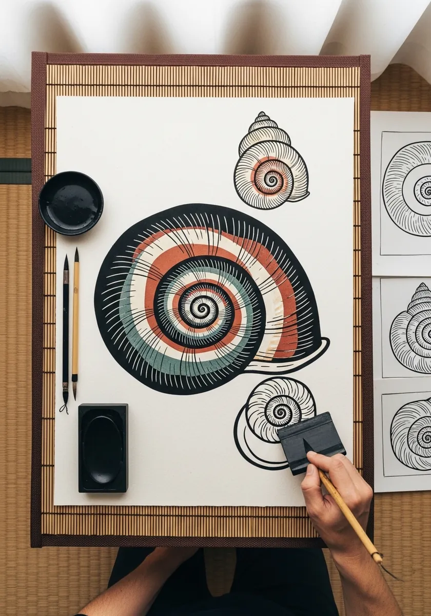 Bold red, black and cream graphic snail shell with smaller studies alongside