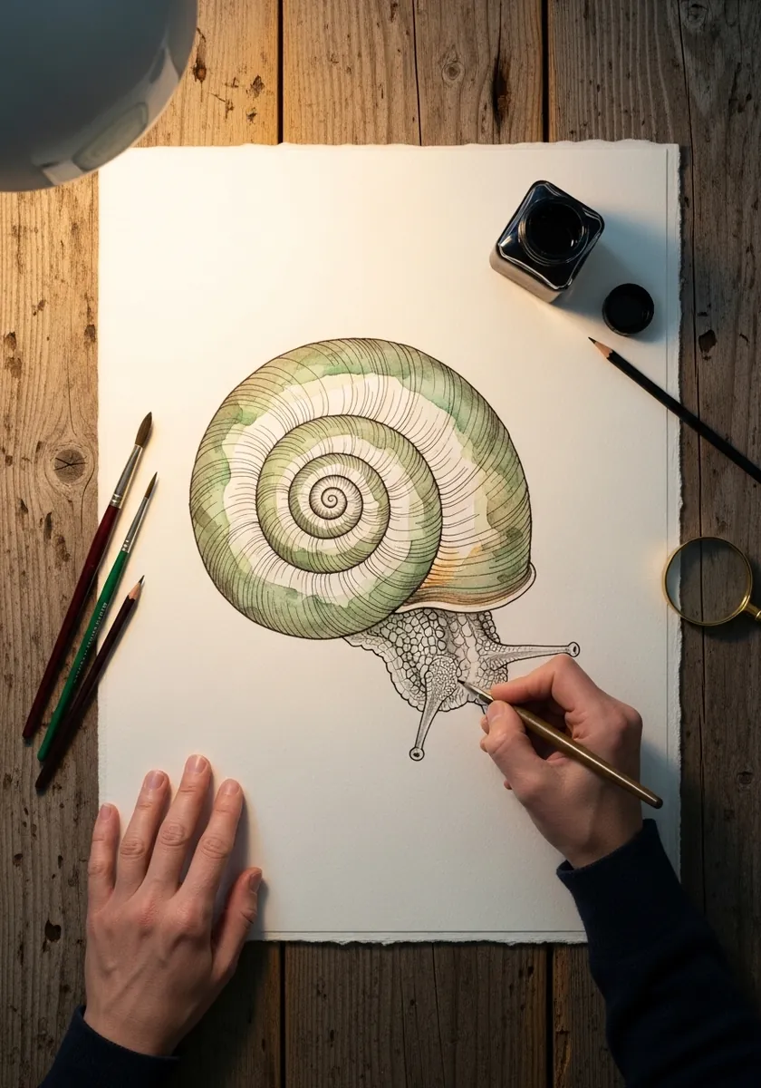 Pale green and cream snail shell with the animal's body drawn in light outline