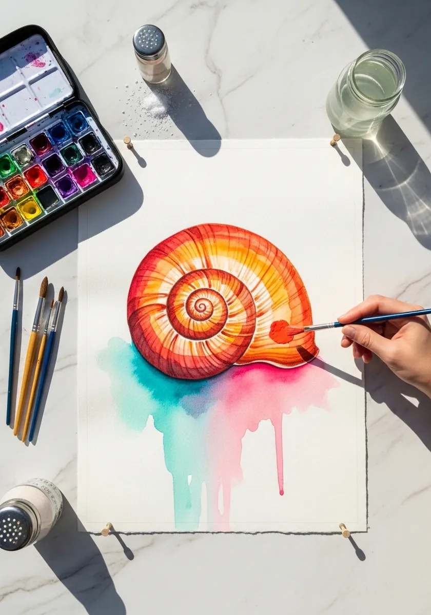 Red orange watercolor snail shell with turquoise paint dripping below it