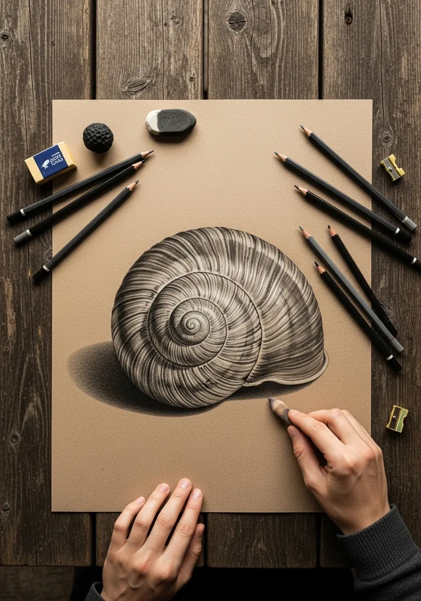 Detailed graphite snail shell drawn on warm brown kraft paper with soft shading