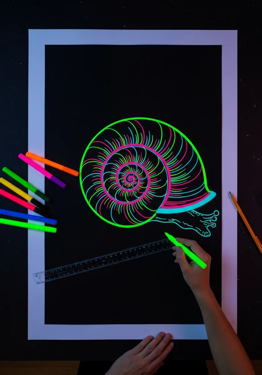 Bright neon green and pink snail shell outlined in marker on black paper