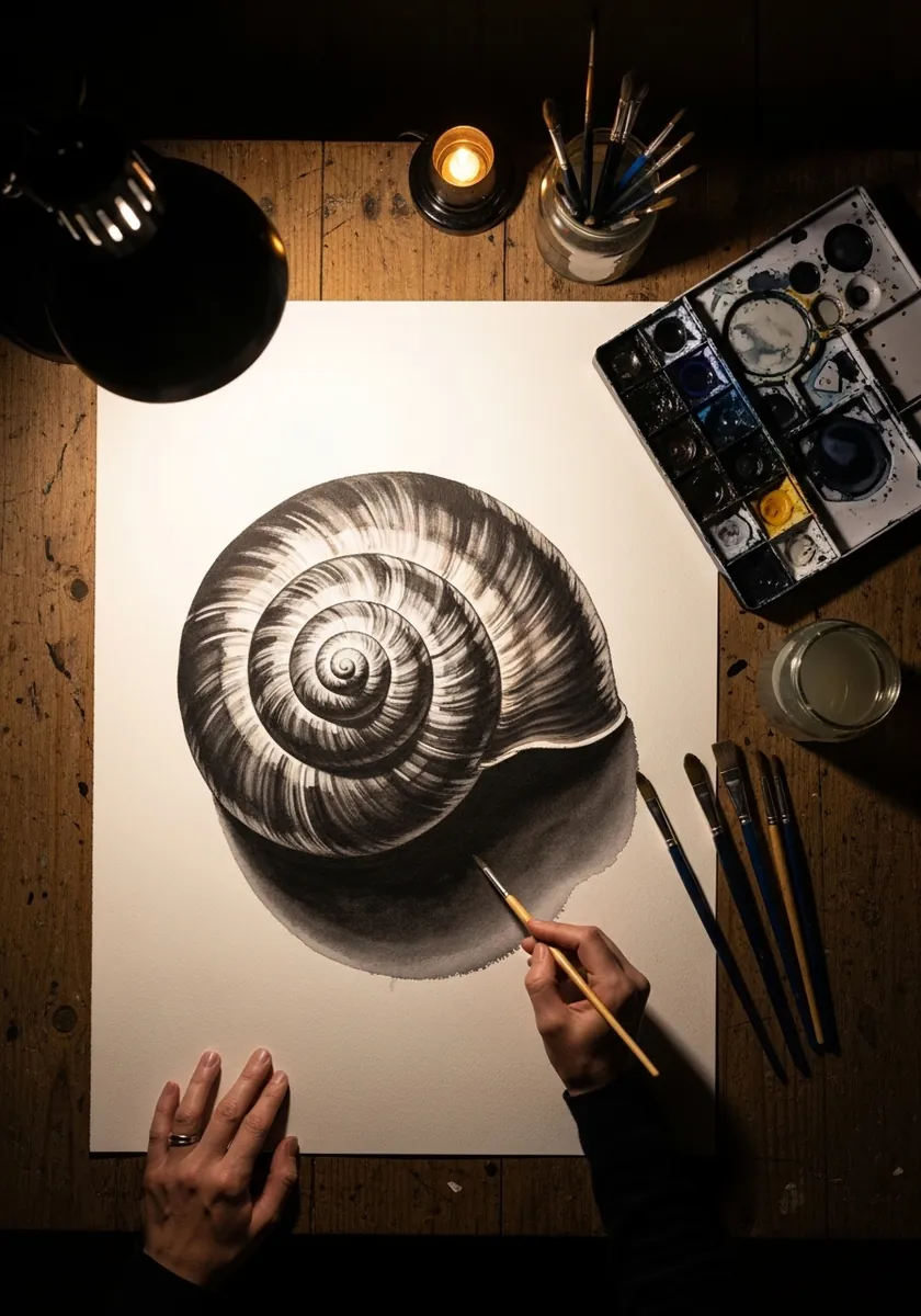 Highly rendered graphite snail shell lit dramatically from one side on white paper