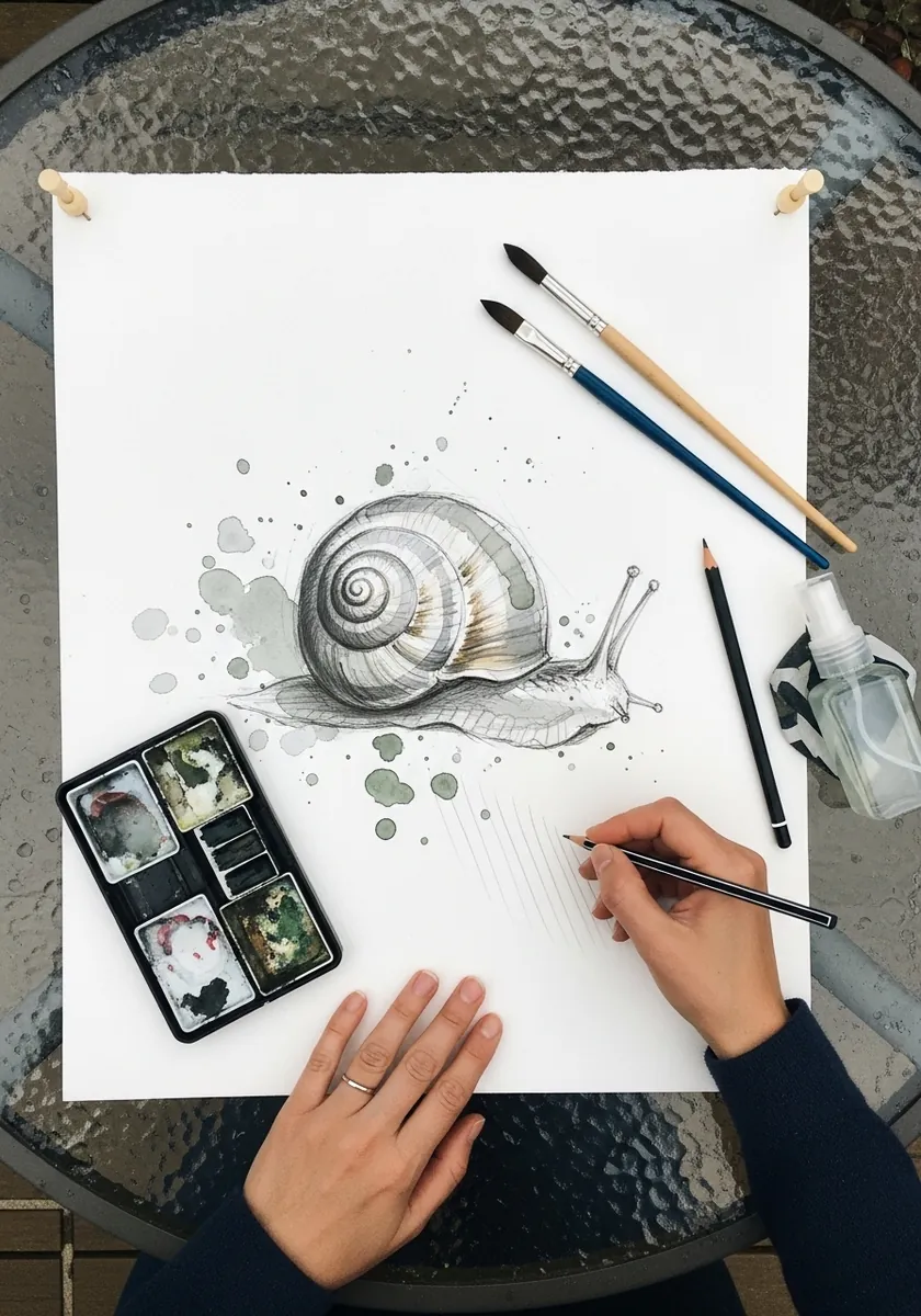 Loose gray watercolor snail with a spiral shell and scattered splatter marks