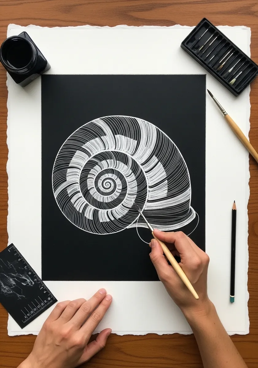 White ink snail shell with fine radiating lines drawn on solid black paper
