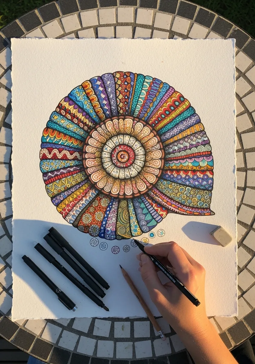 Snail shell filled with colorful mandala patterns in fine liner and bright color