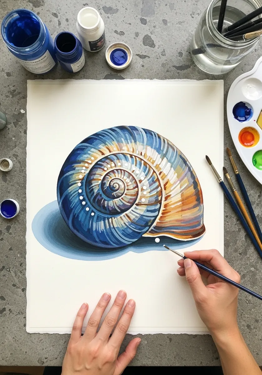 Smoothly rendered blue and gold snail shell with a soft cast shadow beneath