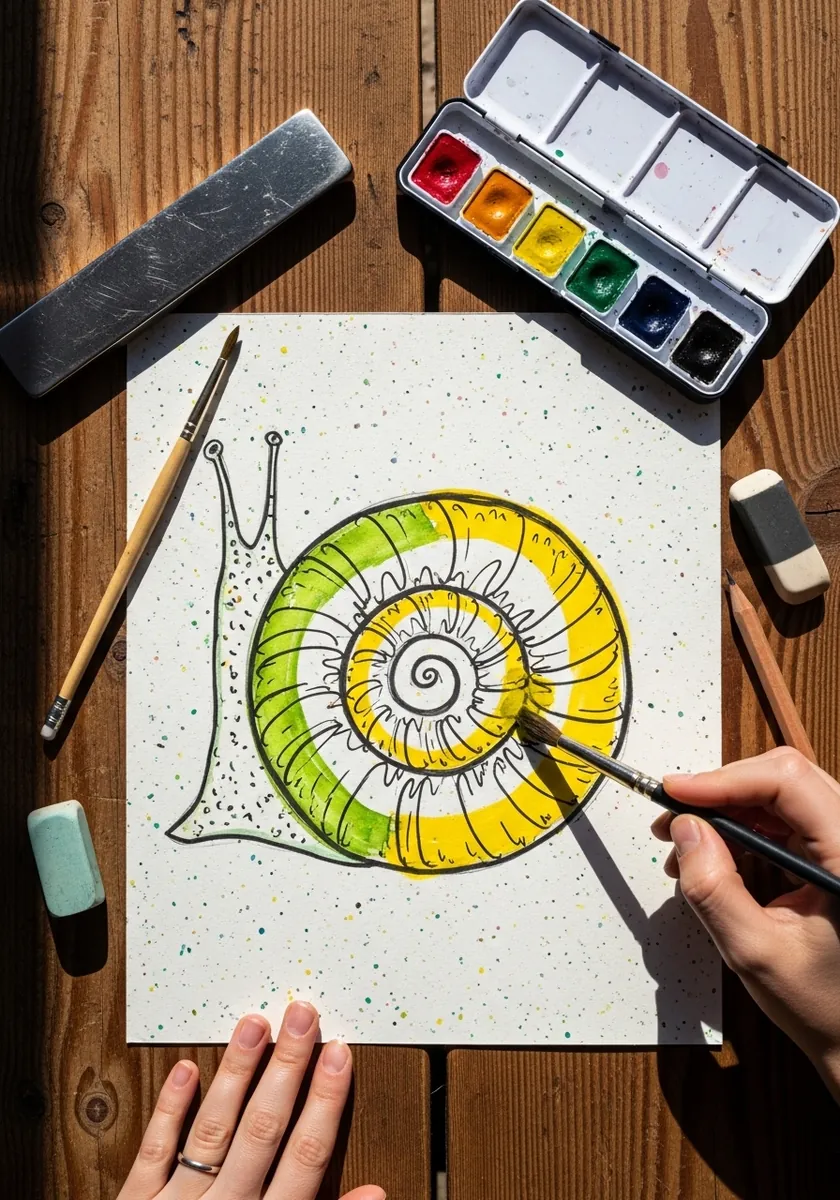 Bright yellow and green marker snail with a bold outlined spiral shell