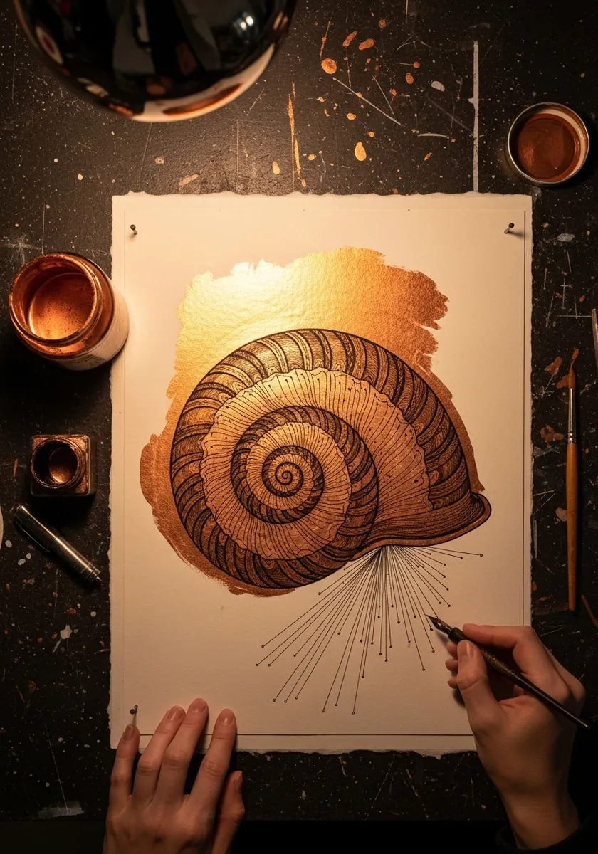 Sepia snail shell with radiating fine lines on a warm gold washed background