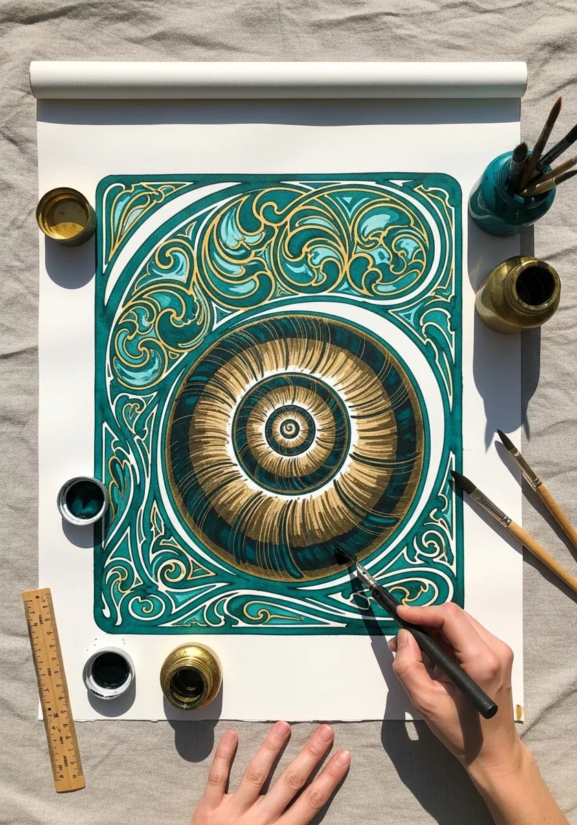 Ornate teal and gold snail shell spiral inside a decorative art nouveau border
