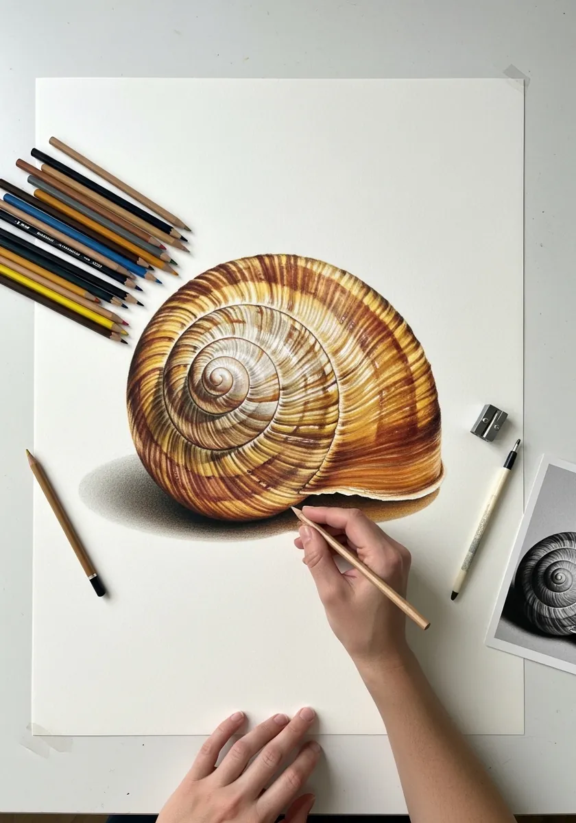Realistic brown and cream banded snail shell rendered in layered colored pencil