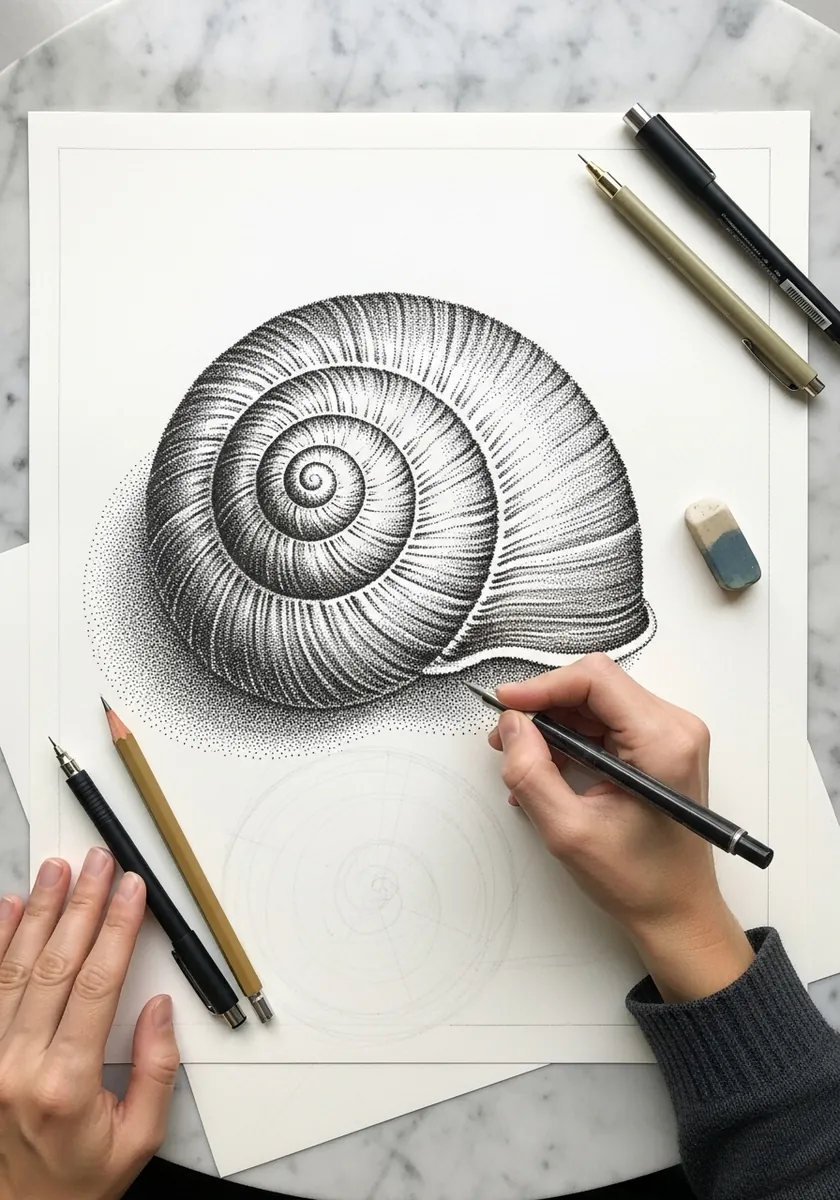 Detailed graphite snail shell with fine hatching following each whorl