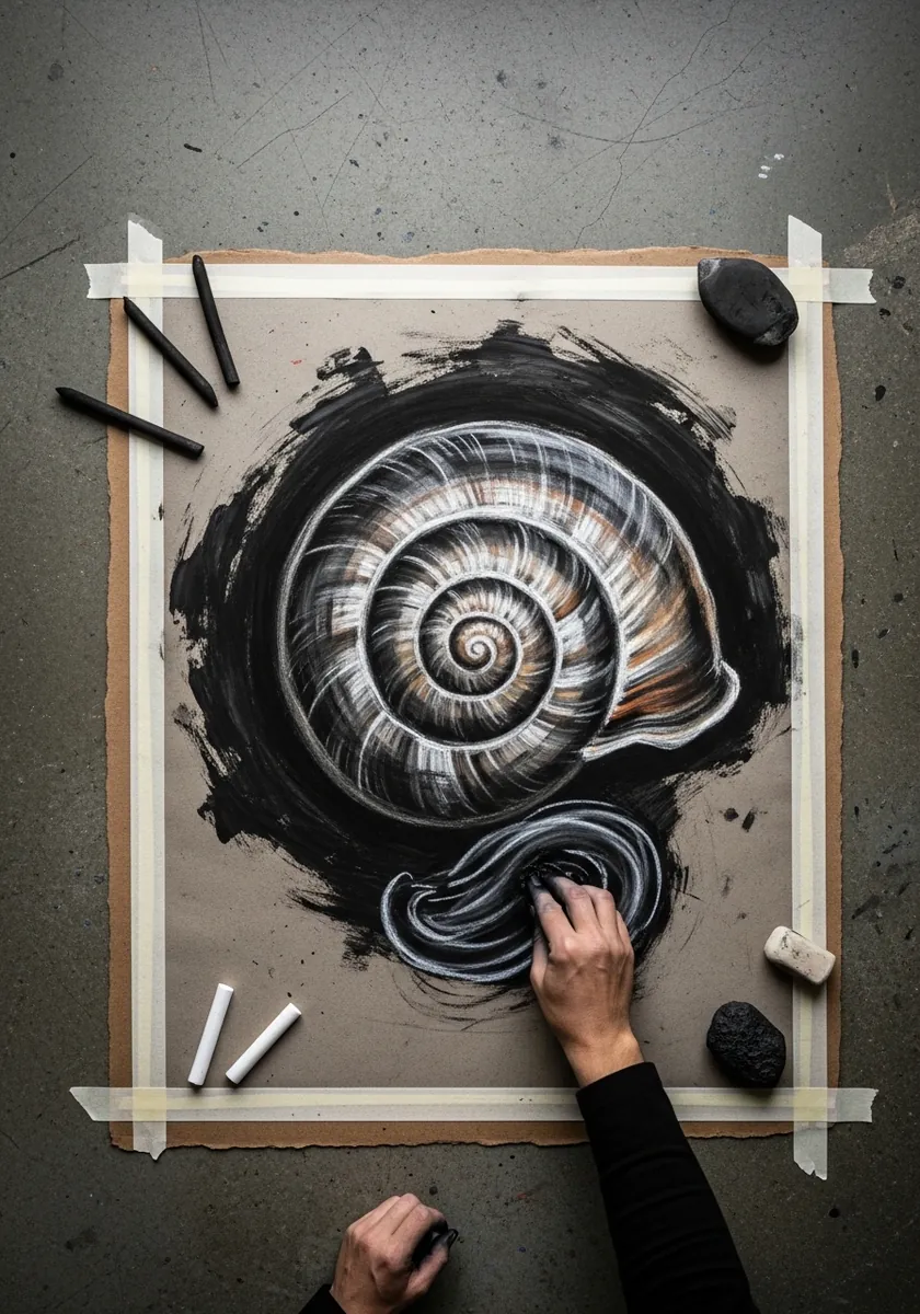 Charcoal snail shell emerging from a heavily scrubbed dark background