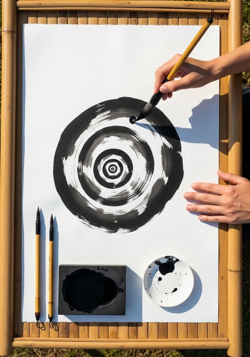 Bold black sumi-e brush spiral painted in a single sweeping stroke on white paper