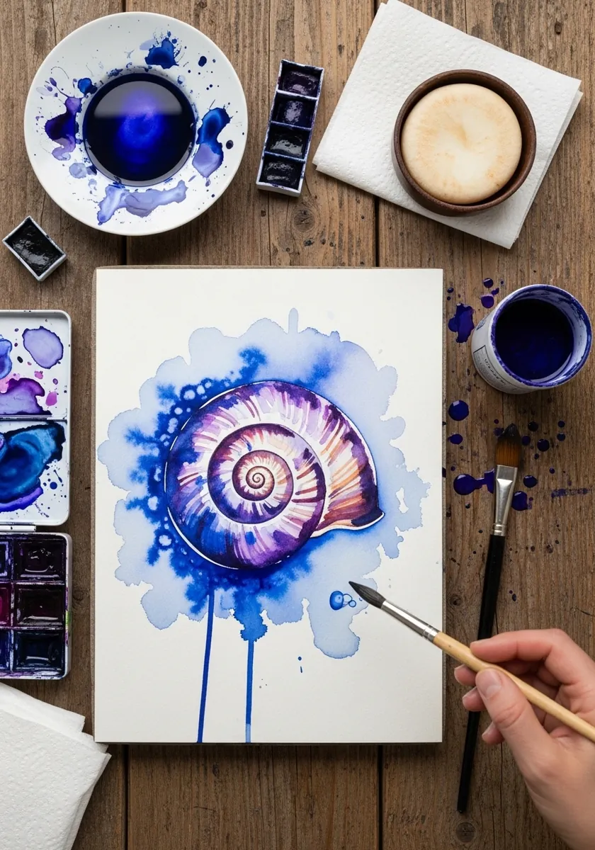 Vivid blue and purple watercolor snail shell with running drips beneath it