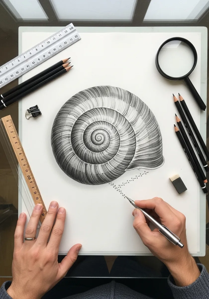 Fine ink snail shell drawn with a ruler and magnifier as a technical study