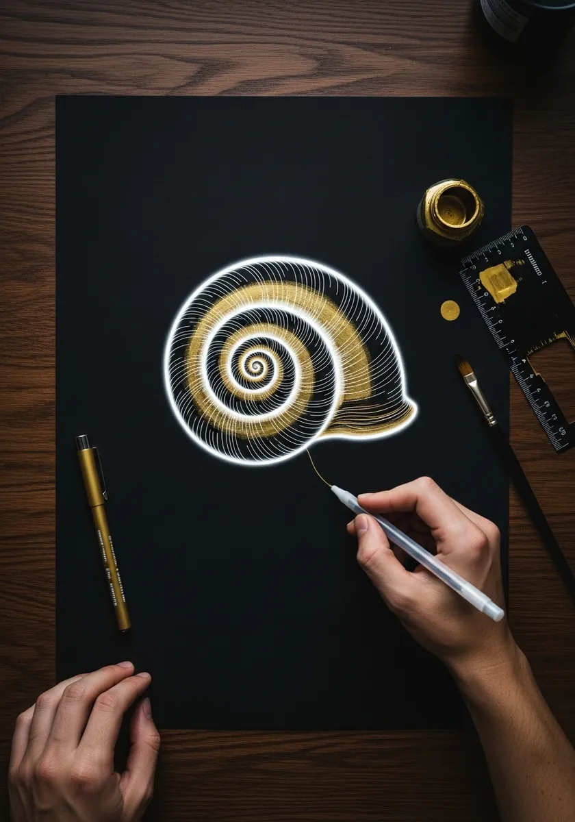 Minimal gold outlined snail shell drawn on black paper with fine metallic line