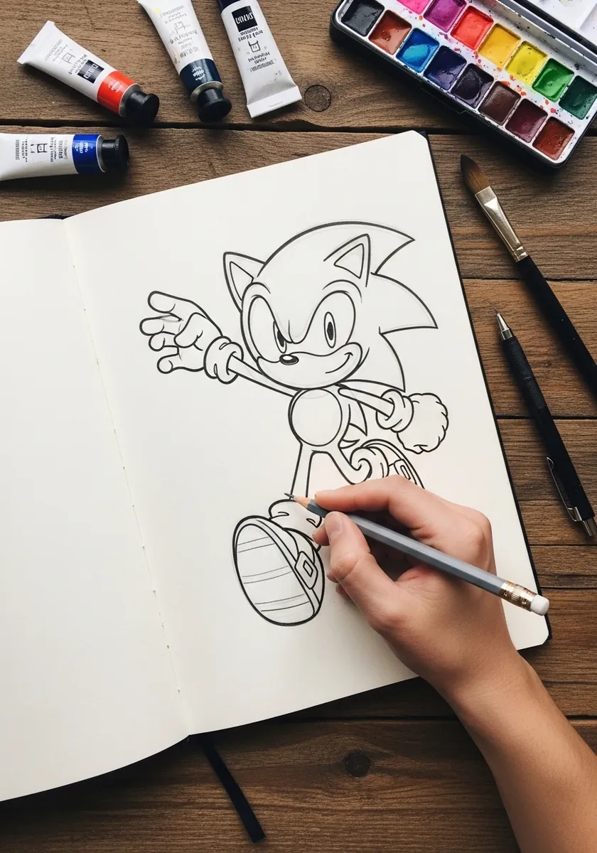 Light pencil sketch of a cartoon hedgehog character in a running pose