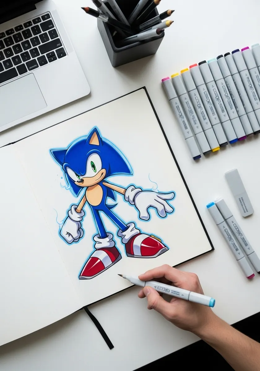 Marker cartoon hedgehog with a soft blue glow outline around the whole figure