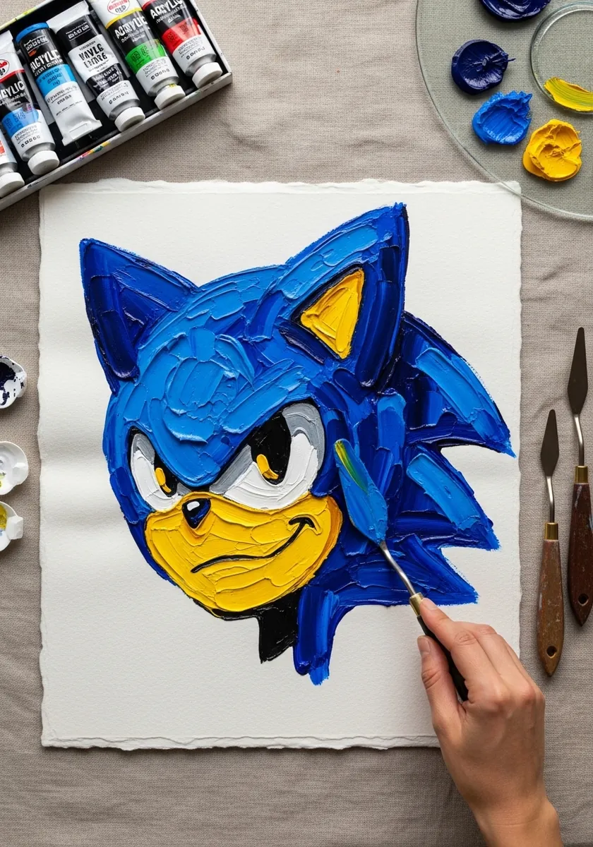 Thickly painted blue acrylic cartoon hedgehog head with heavy visible texture