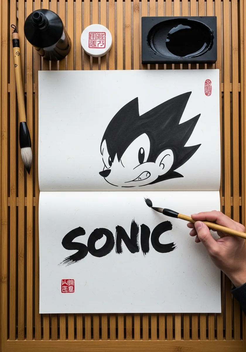 Minimal black ink cartoon hedgehog head above bold brush lettering on white paper