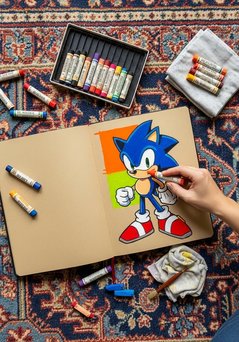Cartoon hedgehog in oil pastel on kraft paper with orange and green color blocks