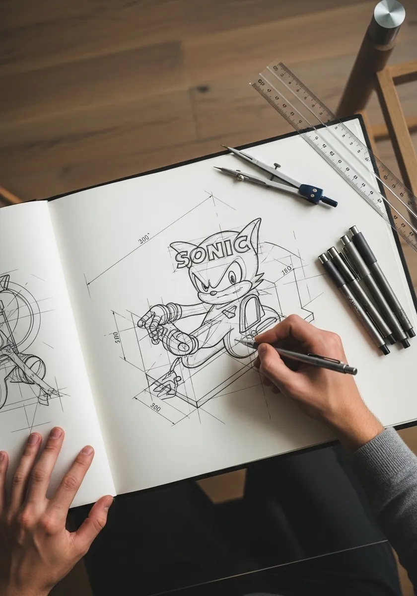 Technical construction sketch of a cartoon hedgehog with measurement lines and notes