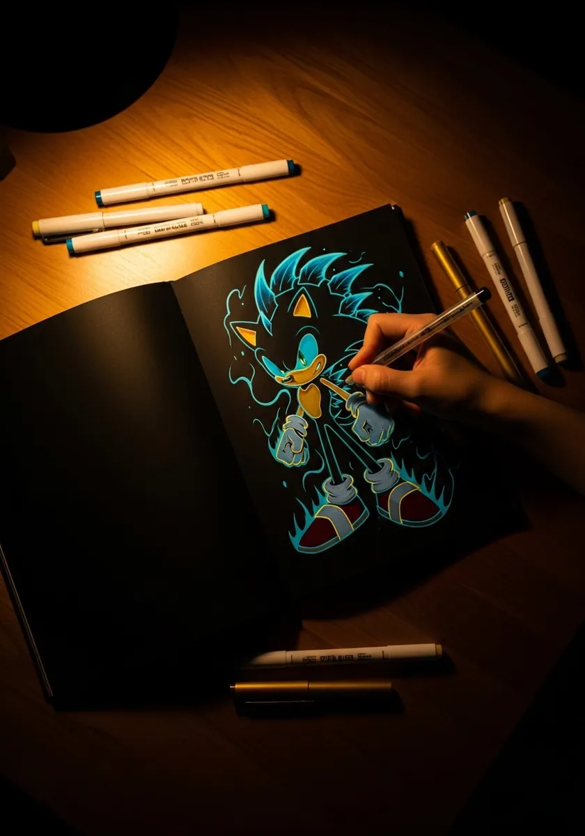 Teal and blue neon cartoon hedgehog on black paper lit by a warm desk lamp