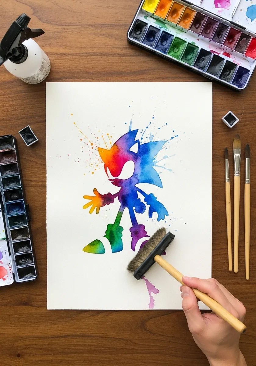 Cartoon hedgehog painted in splattered rainbow watercolor with running drips