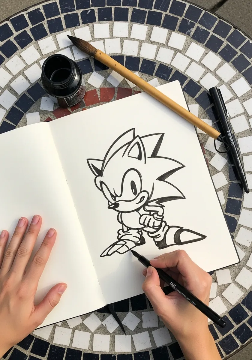 Clean fine ink cartoon hedgehog drawn in a sketchbook on a mosaic tiled table
