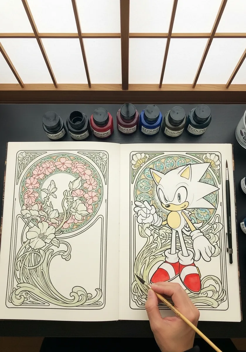 Two ornate art nouveau framed panels with a cartoon hedgehog and floral borders