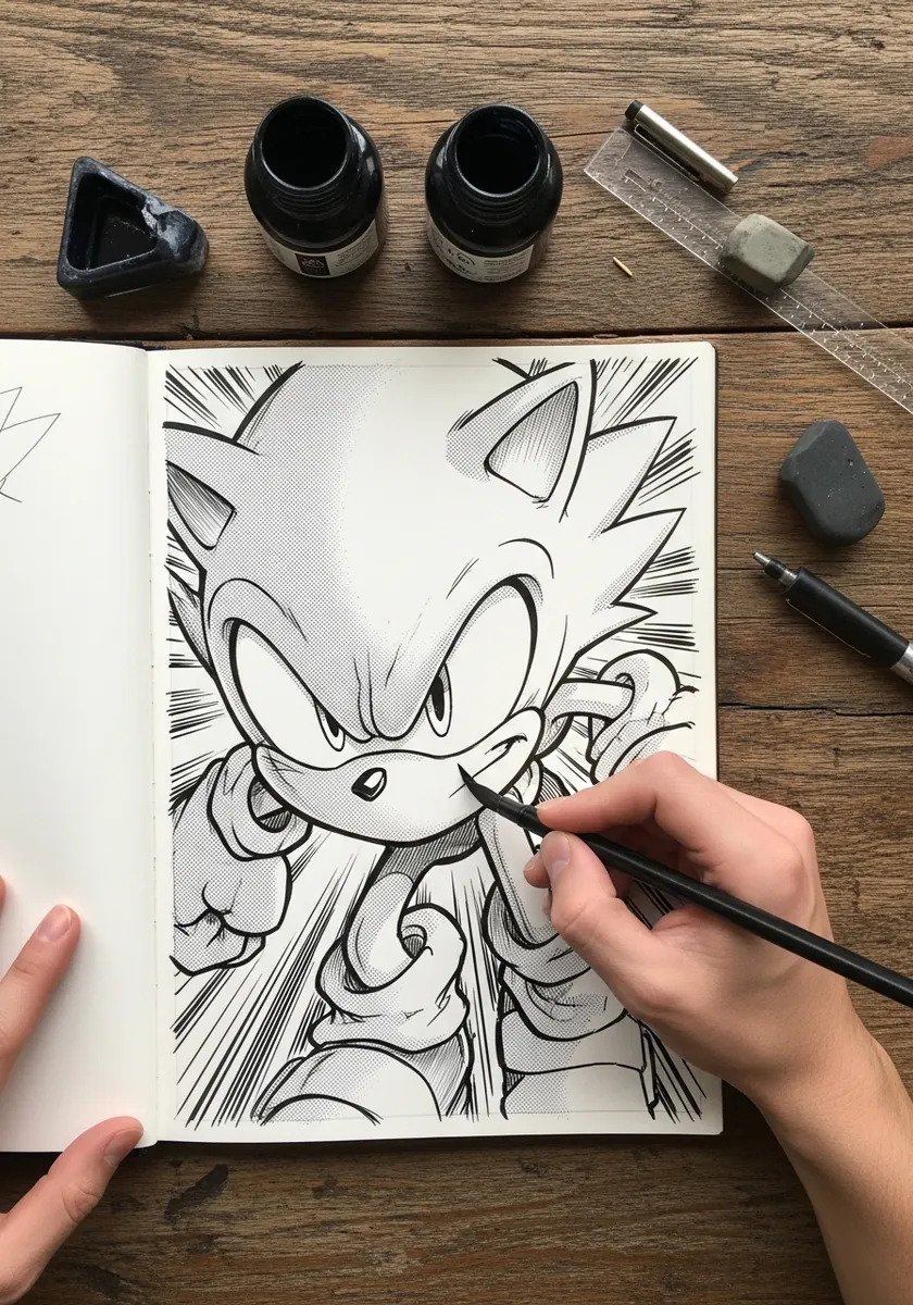 Bold ink drawing of a cartoon hedgehog with radiating speed lines behind him