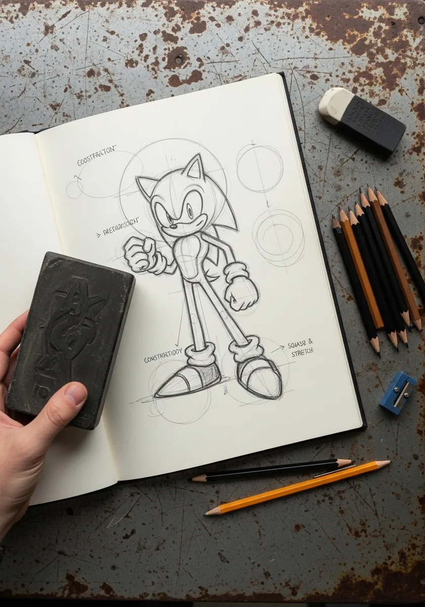 Pencil cartoon hedgehog with the underlying construction circles still visible