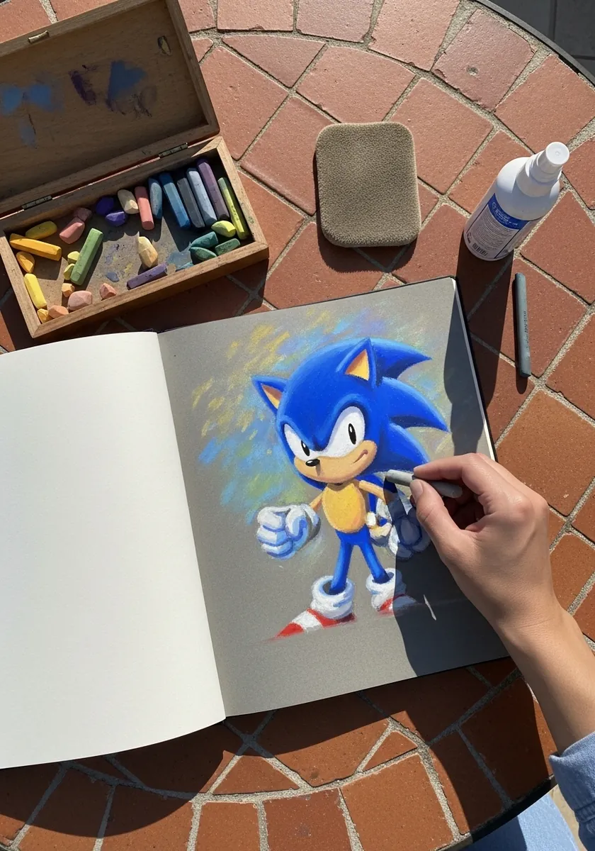Blue and gray colored pencil cartoon hedgehog drawn on a warm toned sketchbook page