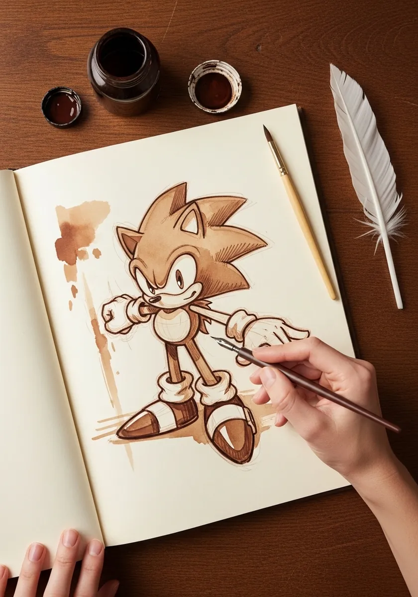 Sepia and coffee toned ink cartoon hedgehog with warm brown washes on cream paper