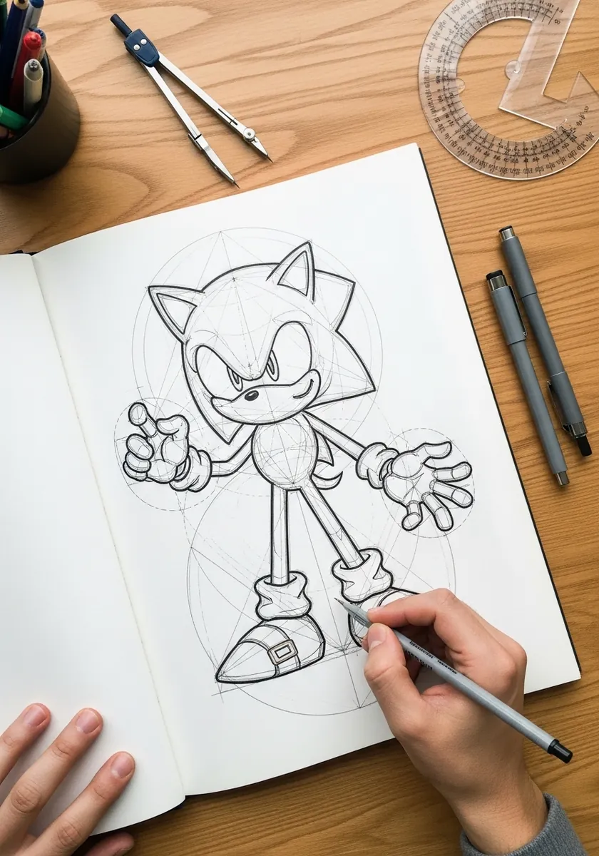Pencil cartoon hedgehog built over large compass drawn circles with visible guides