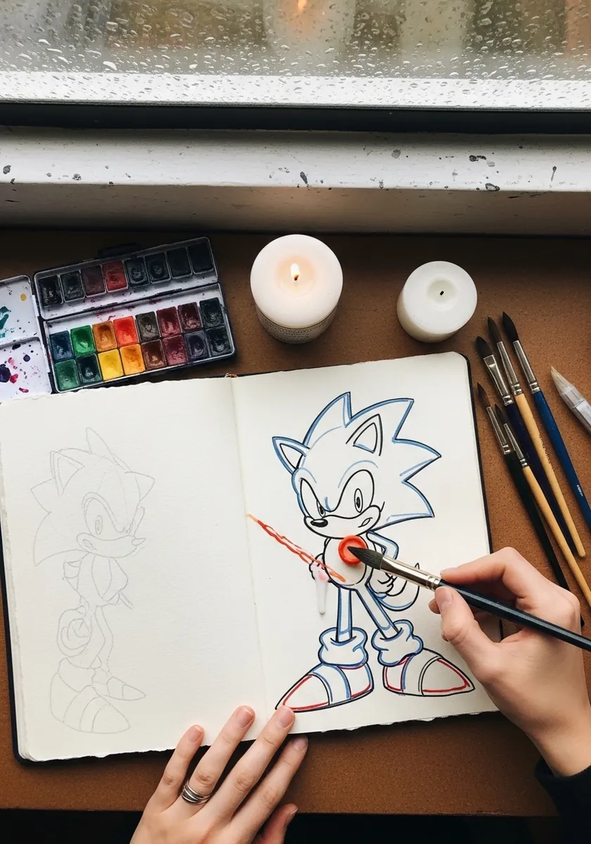 Pencil cartoon hedgehog in a sketchbook with only the red shoes fully colored