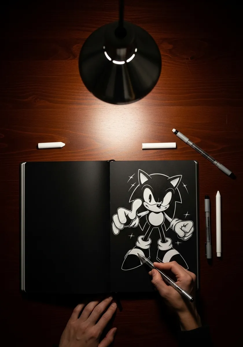 White chalk cartoon hedgehog drawn on black paper under a low warm lamp