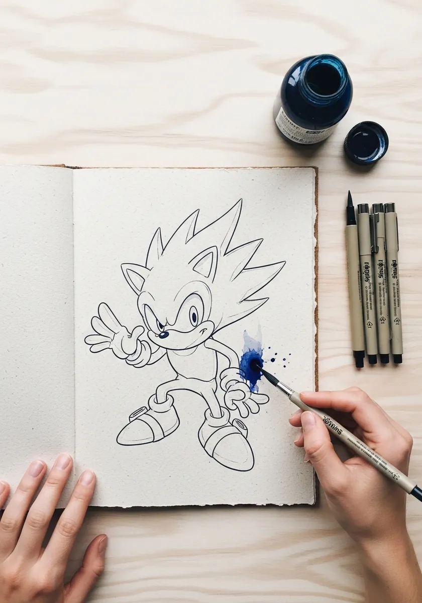 Cartoon hedgehog drawn in blue ink line on thick deckled edge watercolor paper