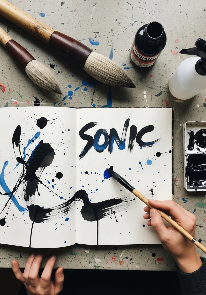 Abstract black and blue ink splatter across a spread with bold brush lettering
