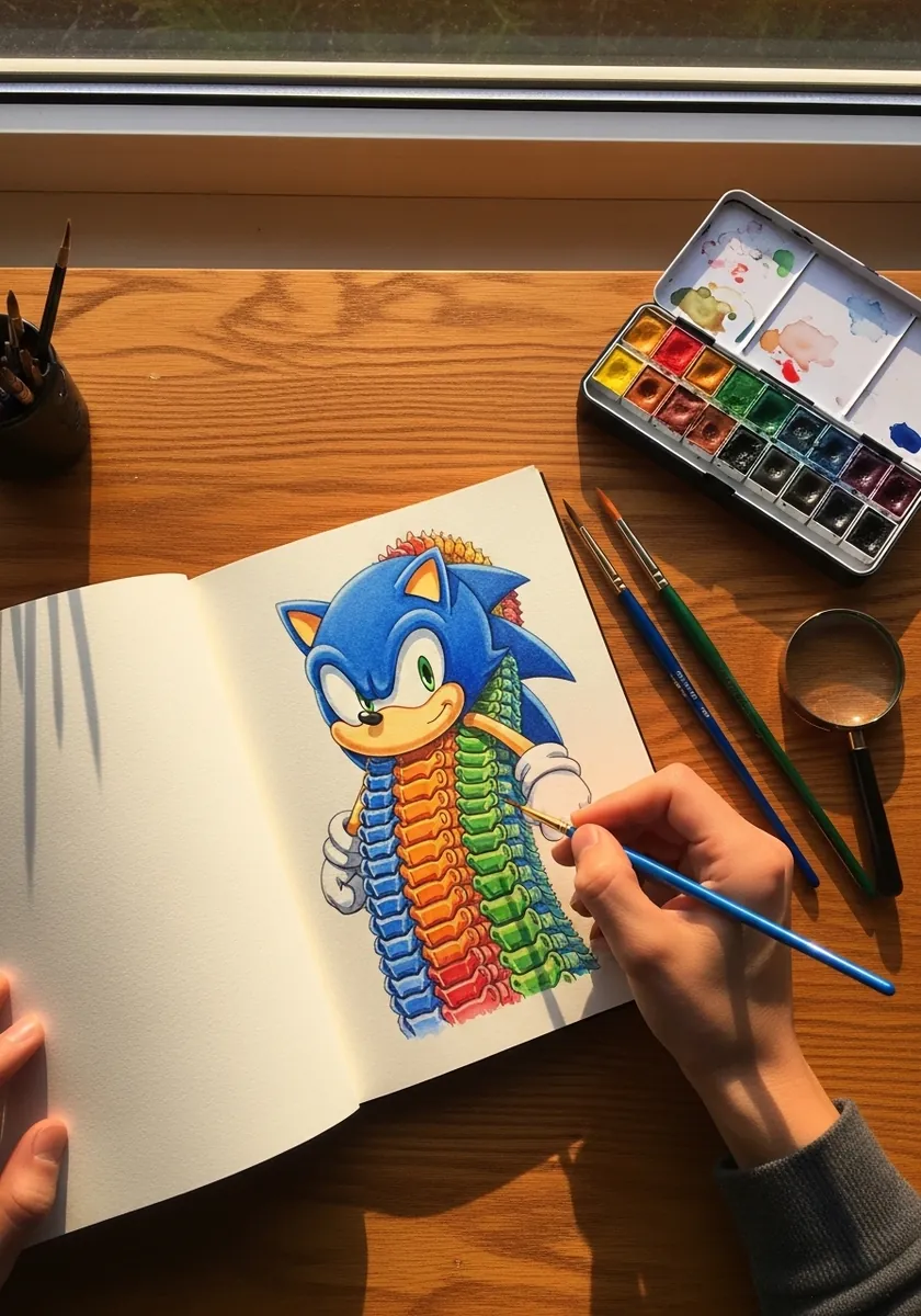 Cartoon hedgehog with a rainbow striped chest drawn in bright colored pencil